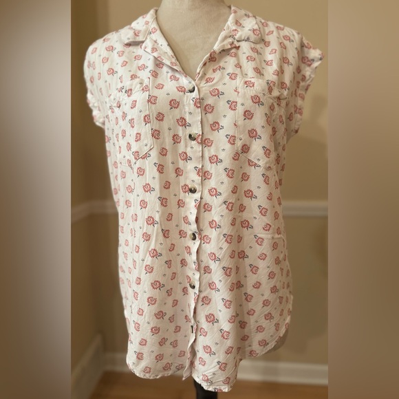 JACHS Girlfriend Tops - 🪸 JACHS Girlfriend White w/ Coral Flowers Short Sleeve Blouse, Women’s Size M